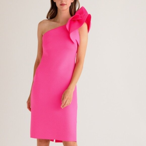 Eliza J. One-Shoulder Scuba Crepe Cocktail Dress in Hot Pink - Picture 1 of 8